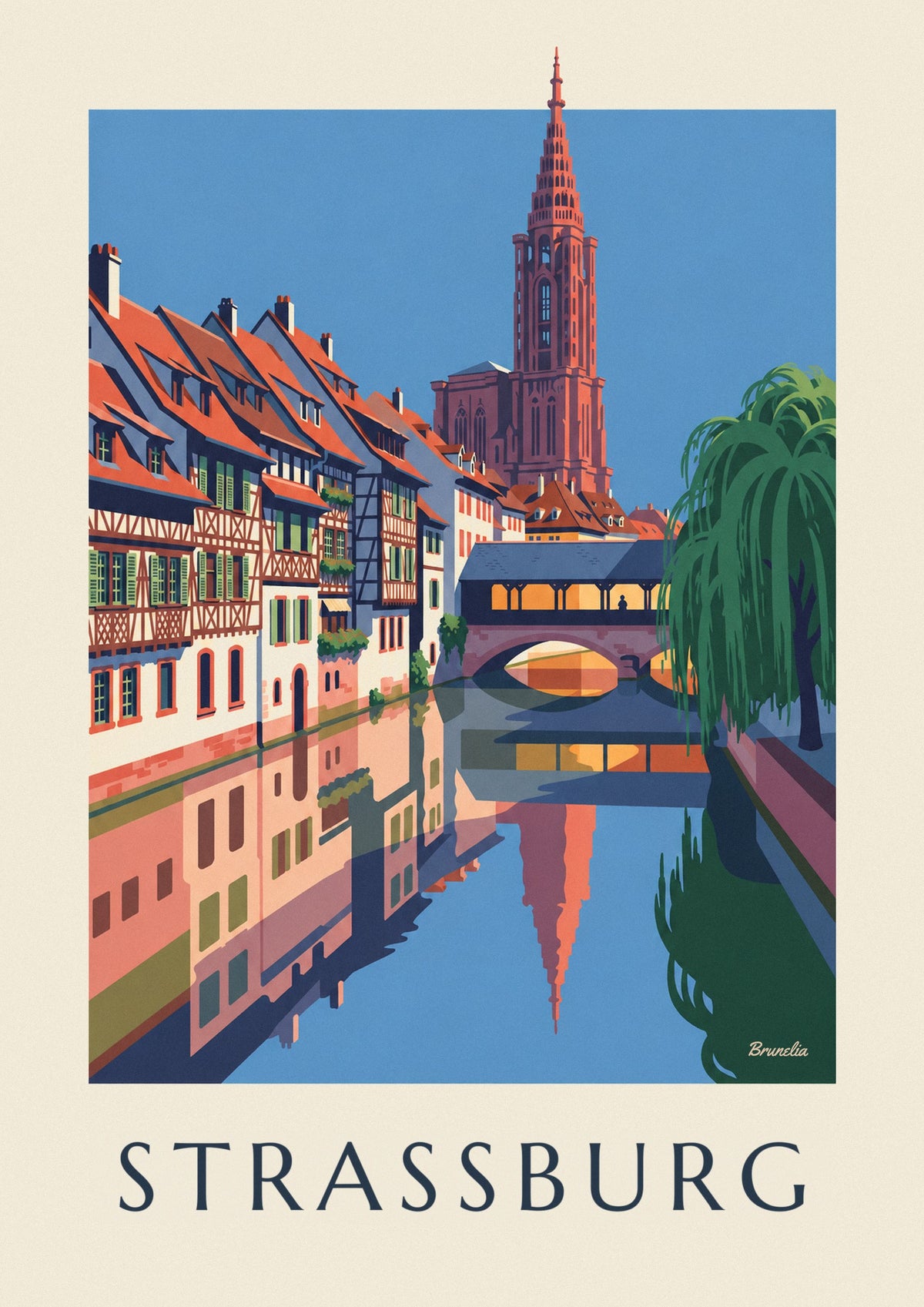Poster Fachwerkhäuser und überdachte Brücke in Petite France, Straßburg