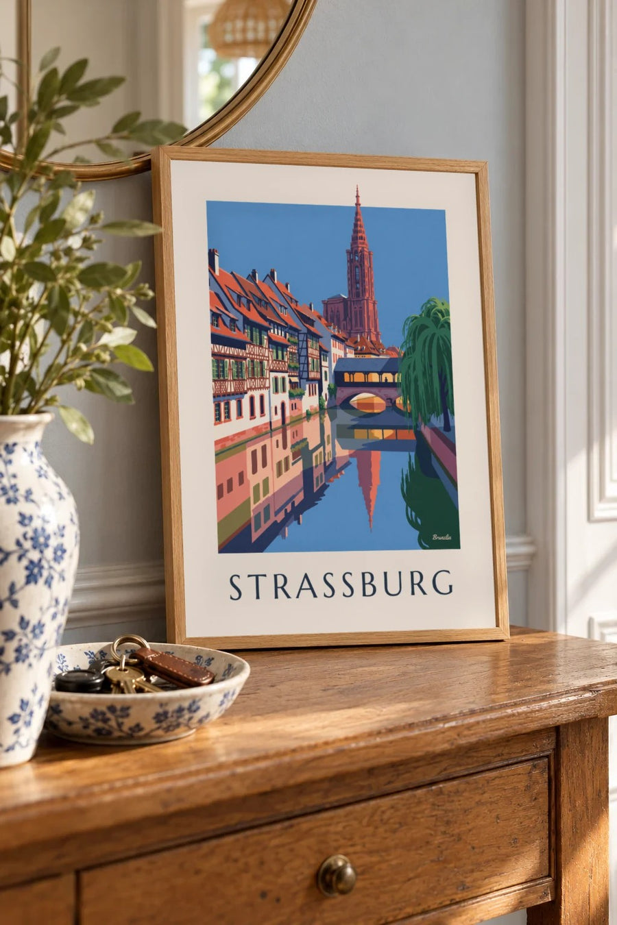 Poster Fachwerkhäuser und überdachte Brücke in Petite France, Straßburg: kleines A4-Format im Rahmen