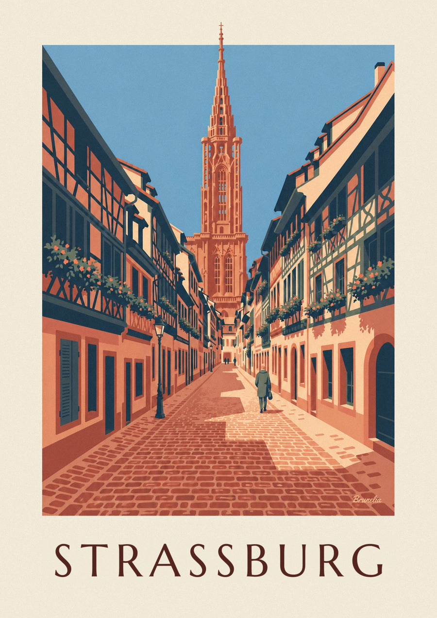 Poster Kopfsteinpflastergasse und Münster in der Straßburger Altstadt