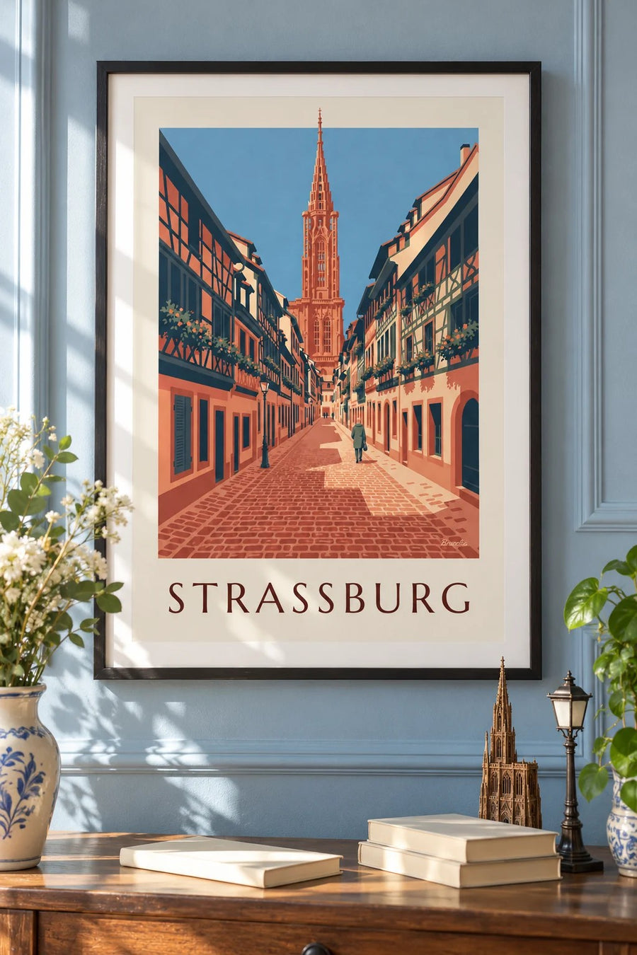 Poster Kopfsteinpflastergasse und Münster in der Straßburger Altstadt: gerahmt an der Wand