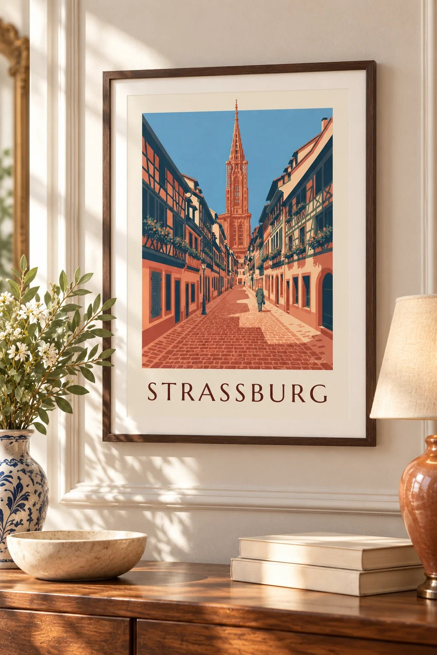 Poster Kopfsteinpflastergasse und Münster in der Straßburger Altstadt: kleines A4-Format gerahmt