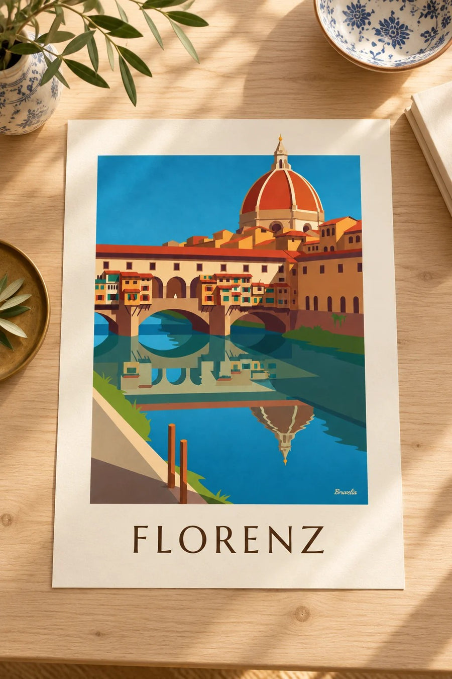 Poster Ponte Vecchio und Arno in Florenz: auf einem Tisch