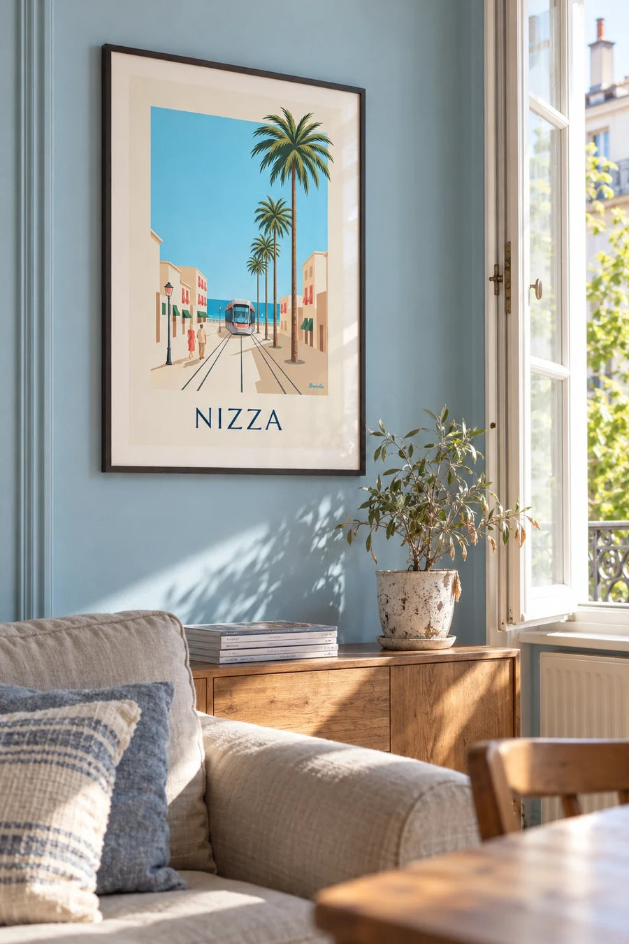 Poster Straßenbahn von Nizza und das Mittelmeer: gerahmt an der Wand