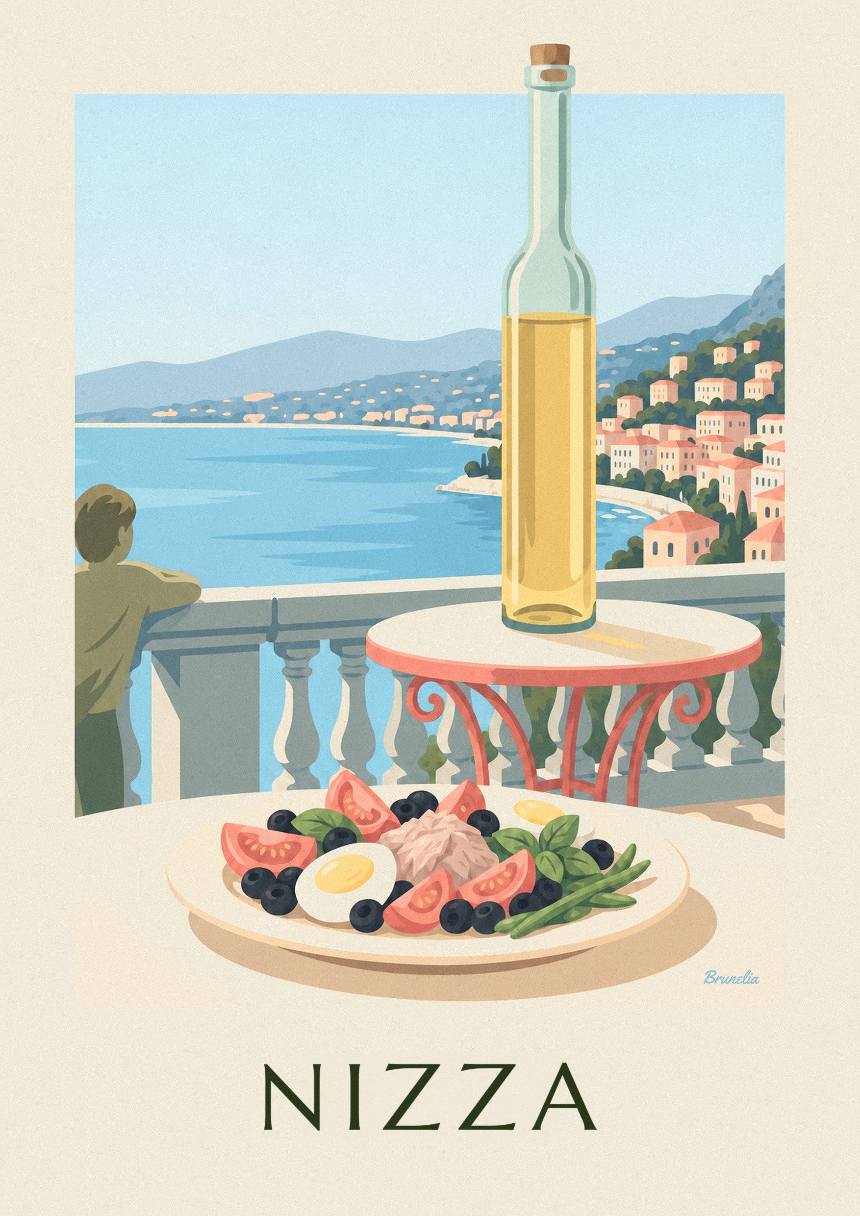 Poster Salade Niçoise auf einer Terrasse mit Meerblick: Detail in Nahaufnahme