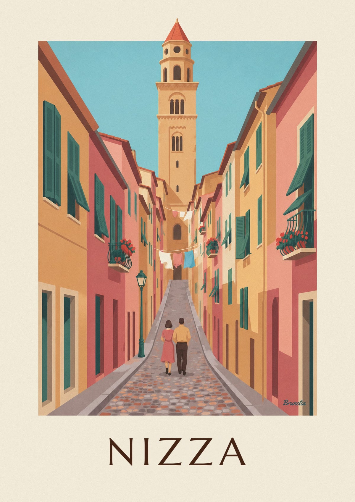 Poster bunte Gasse der Altstadt von Nizza und Glockenturm von Sainte-Réparate