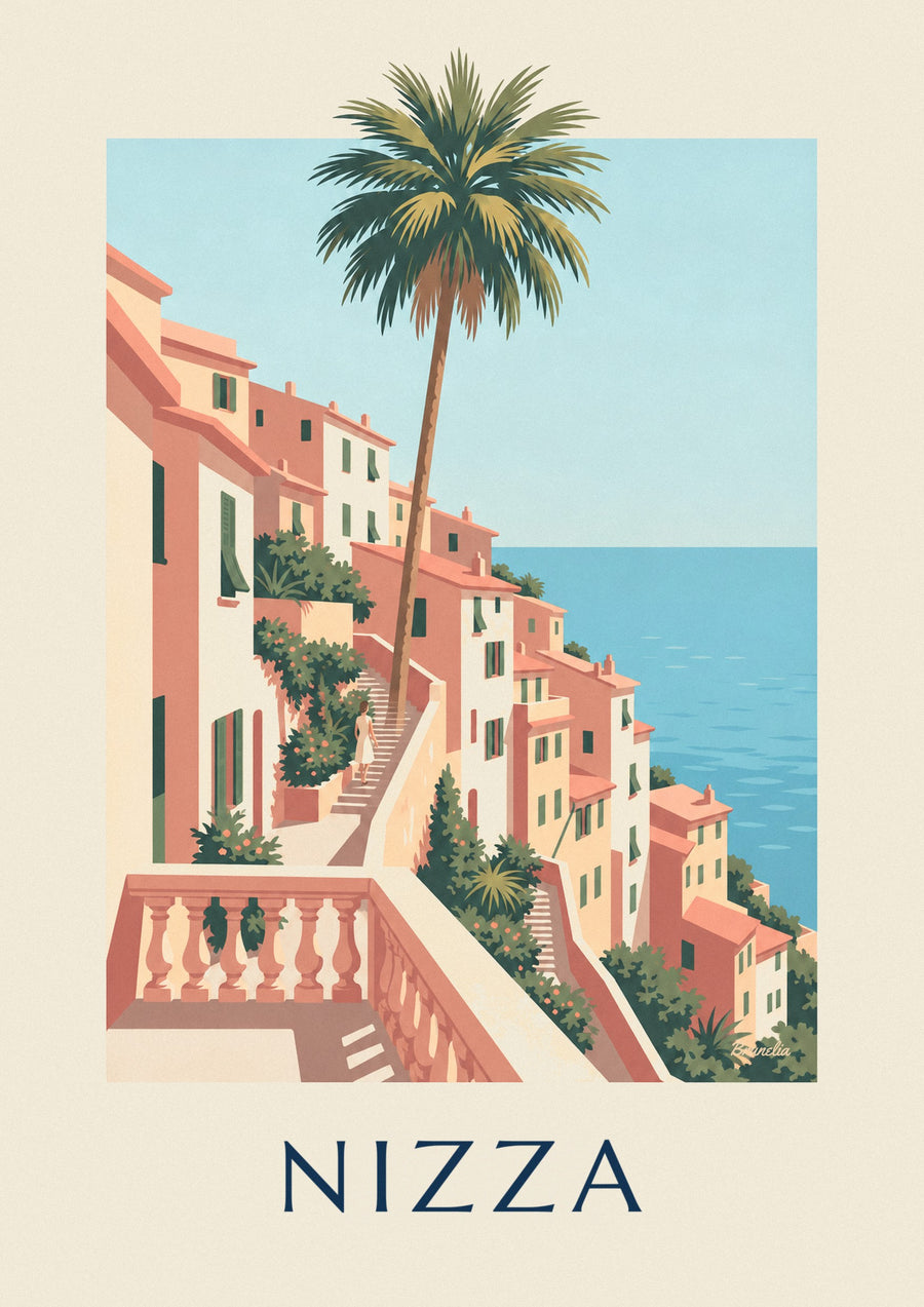 Poster ockerfarbene Häuser und azurblaues Meer über den Hügeln von Nizza