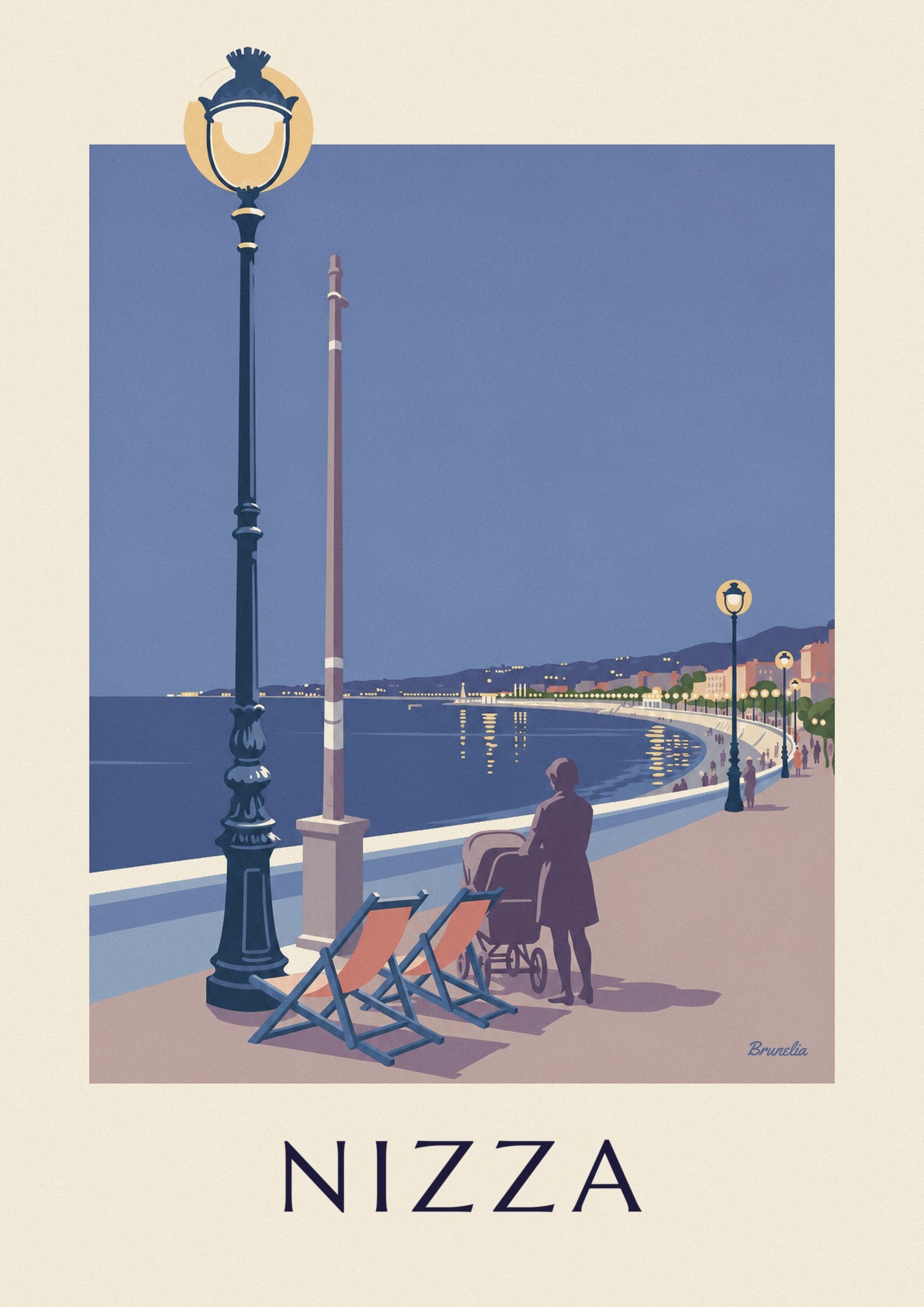 Poster Liegestühle und Laterne an der Baie des Anges am Abend: Detail in Nahaufnahme