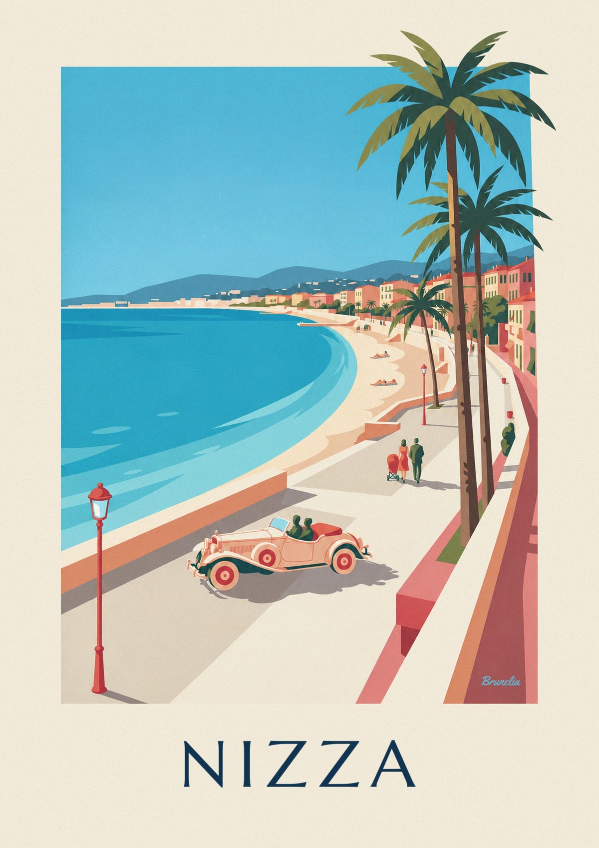 Poster Cabrio und Spaziergänger unter den Palmen der Baie des Anges in Nizza