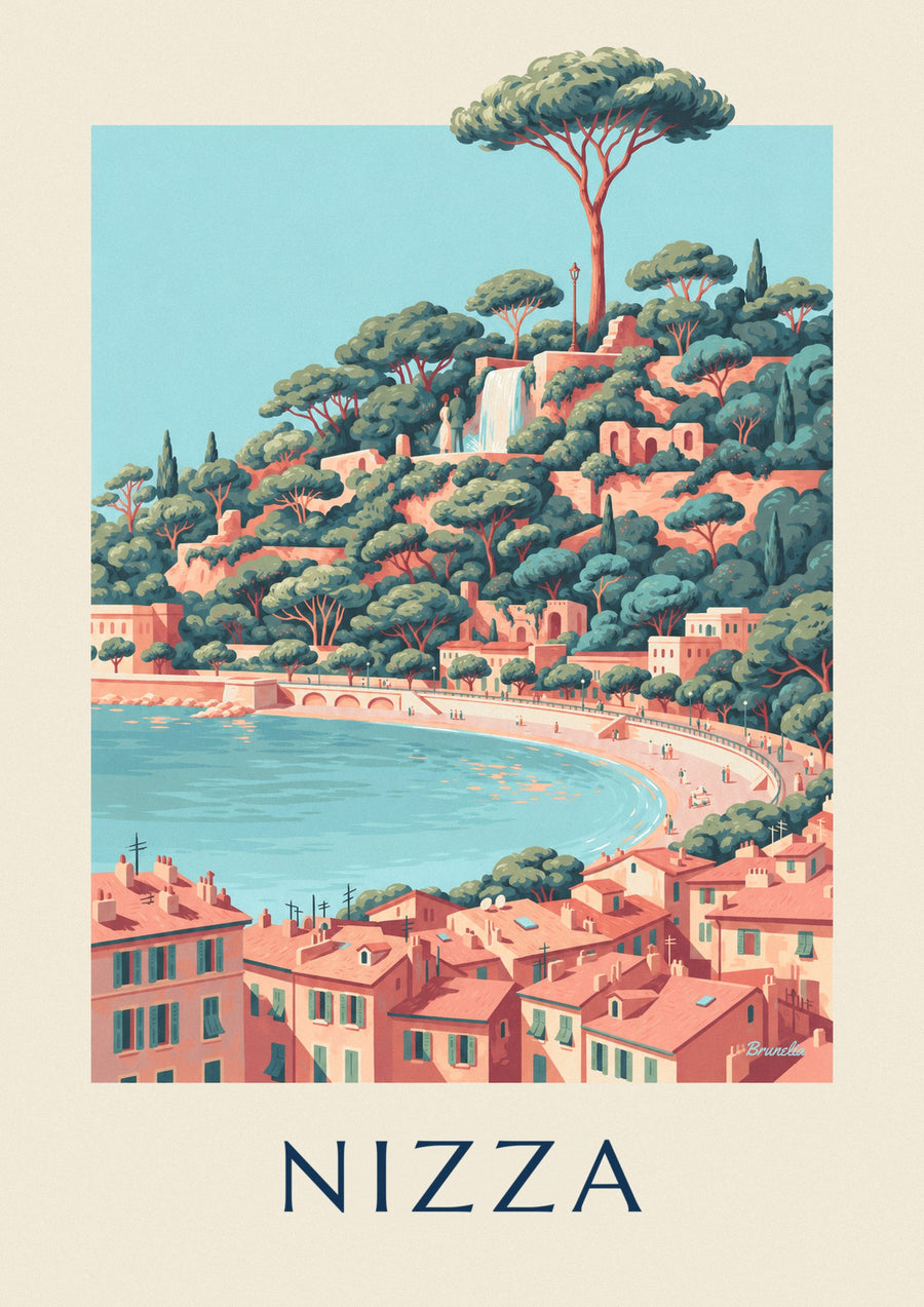 Poster Wasserfall am Schlossberg und Baie des Anges in Nizza