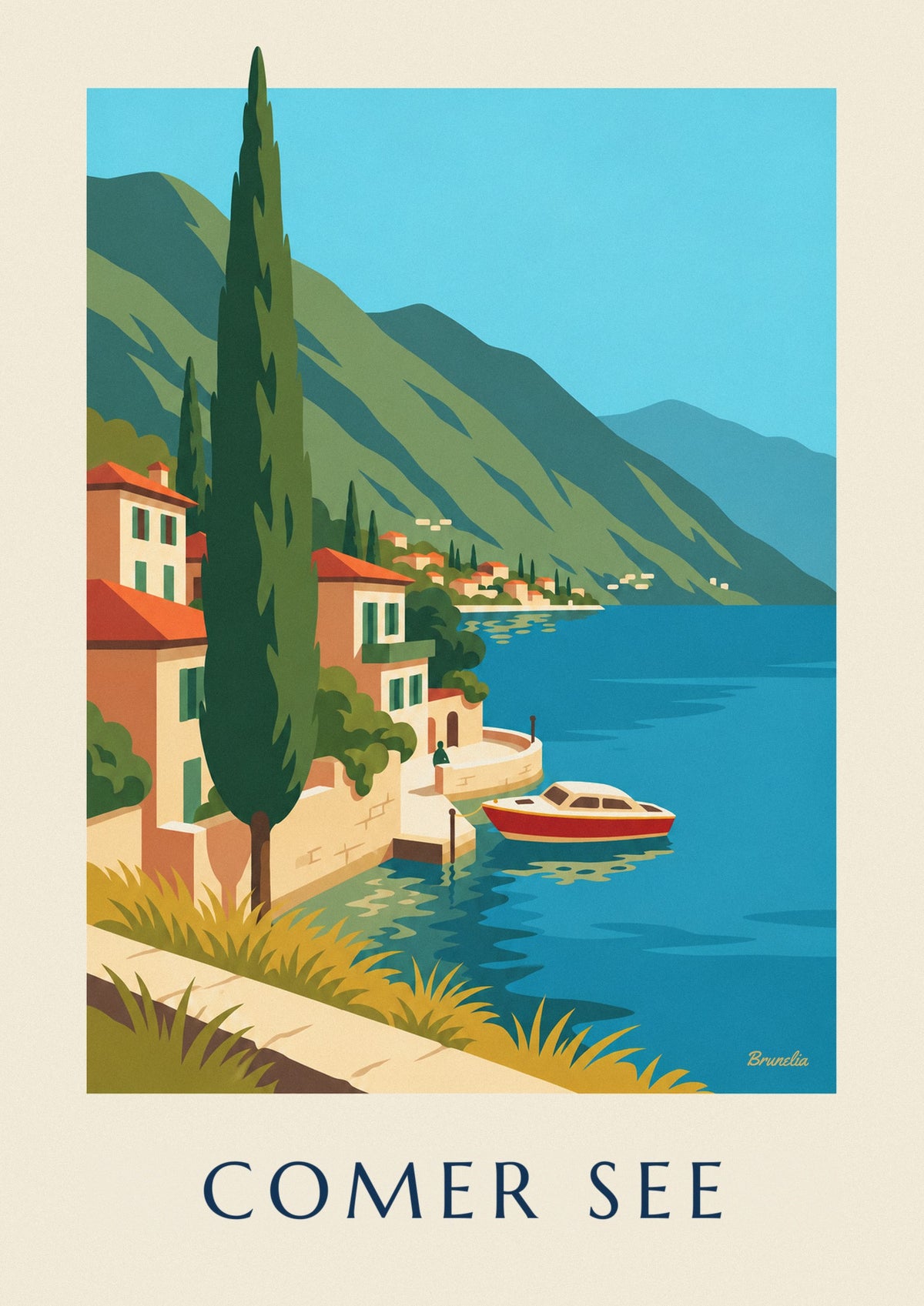 Poster Ufer des Comer Sees mit Holzboot