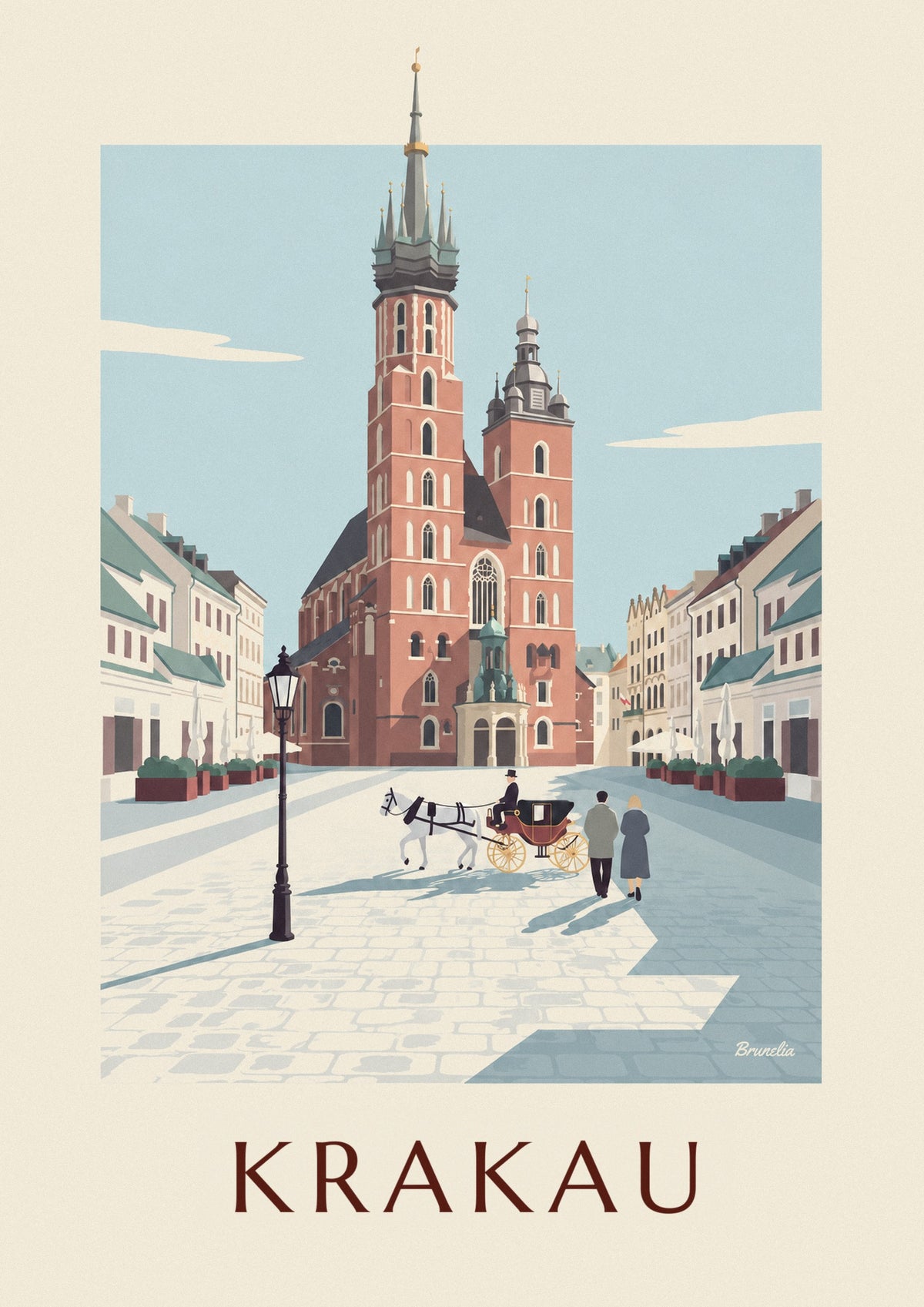 Poster Marienkirche und Kutsche auf dem Krakauer Hauptmarkt