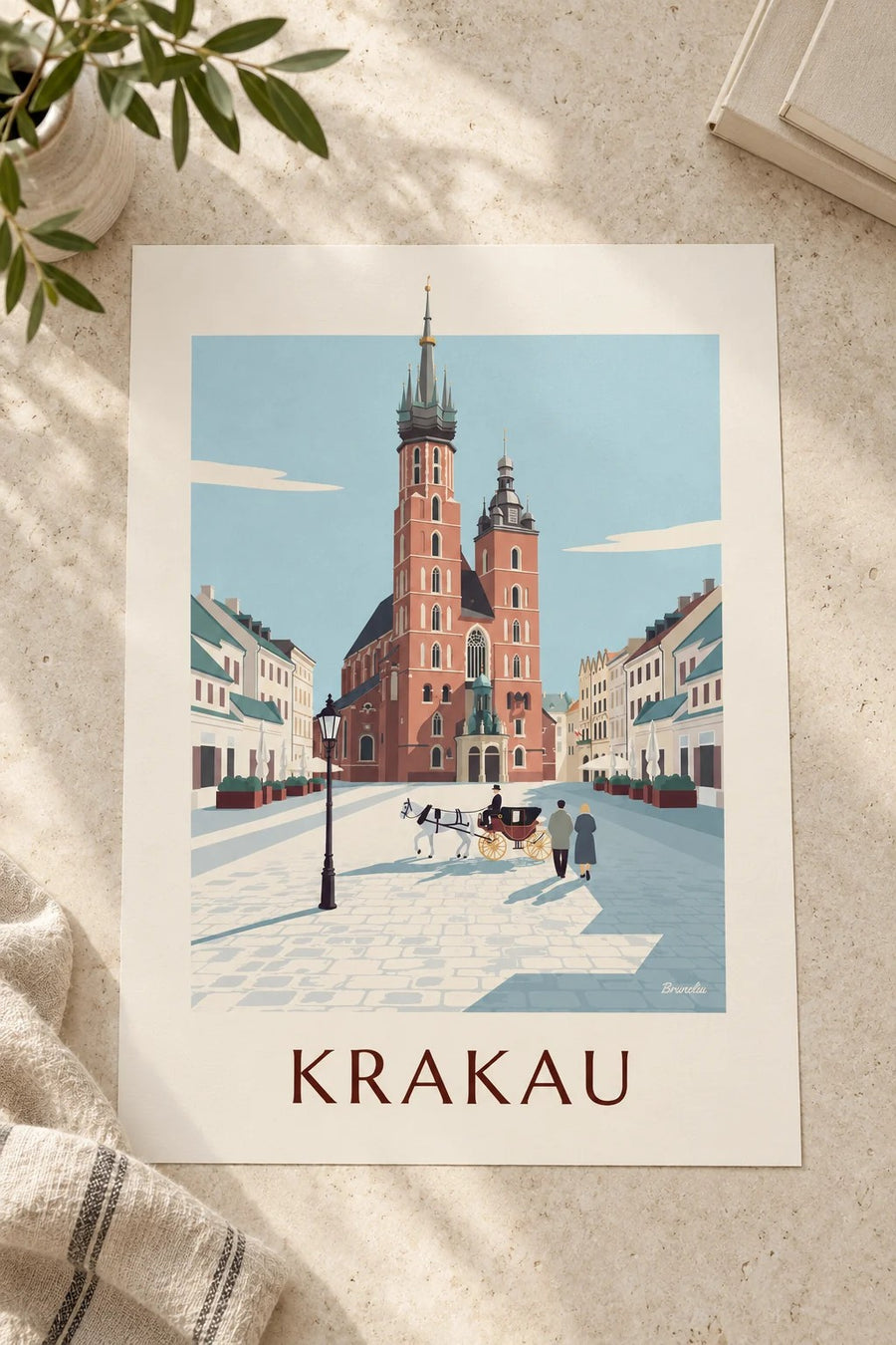 Poster Marienkirche und Kutsche auf dem Krakauer Hauptmarkt: auf einem Tisch aufgestellt