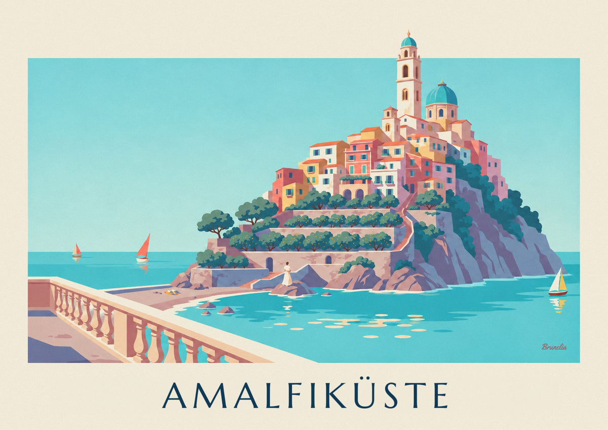 Poster Amalfiküste, bunte Häuser und türkisfarbene Bucht