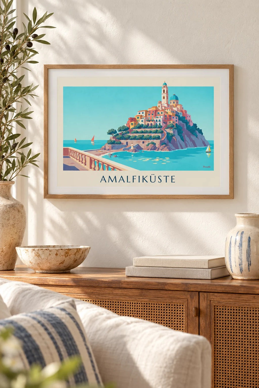 Poster Amalfiküste, bunte Häuser und türkisfarbene Bucht: kleines A4-Format, gerahmt
