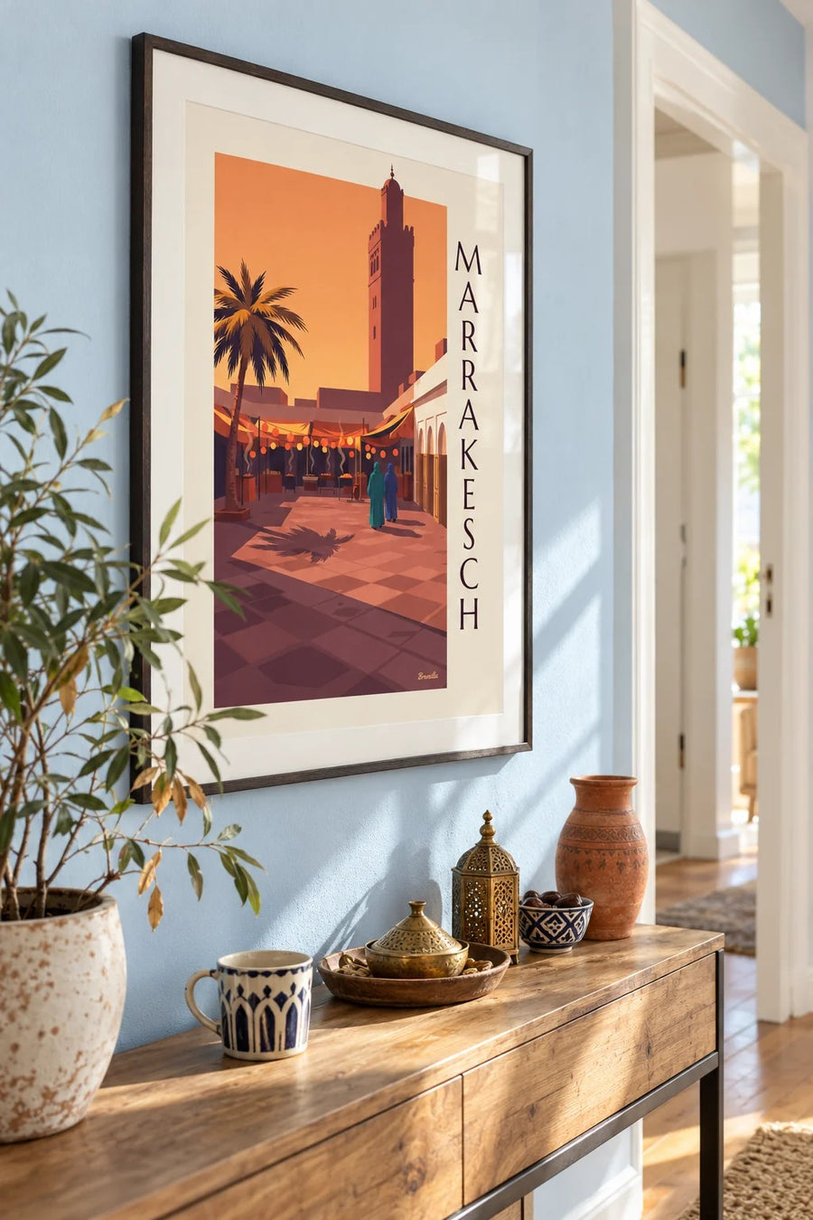 Poster Jemaa el-Fna in Marrakesch im Abendlicht: gerahmt an der Wand
