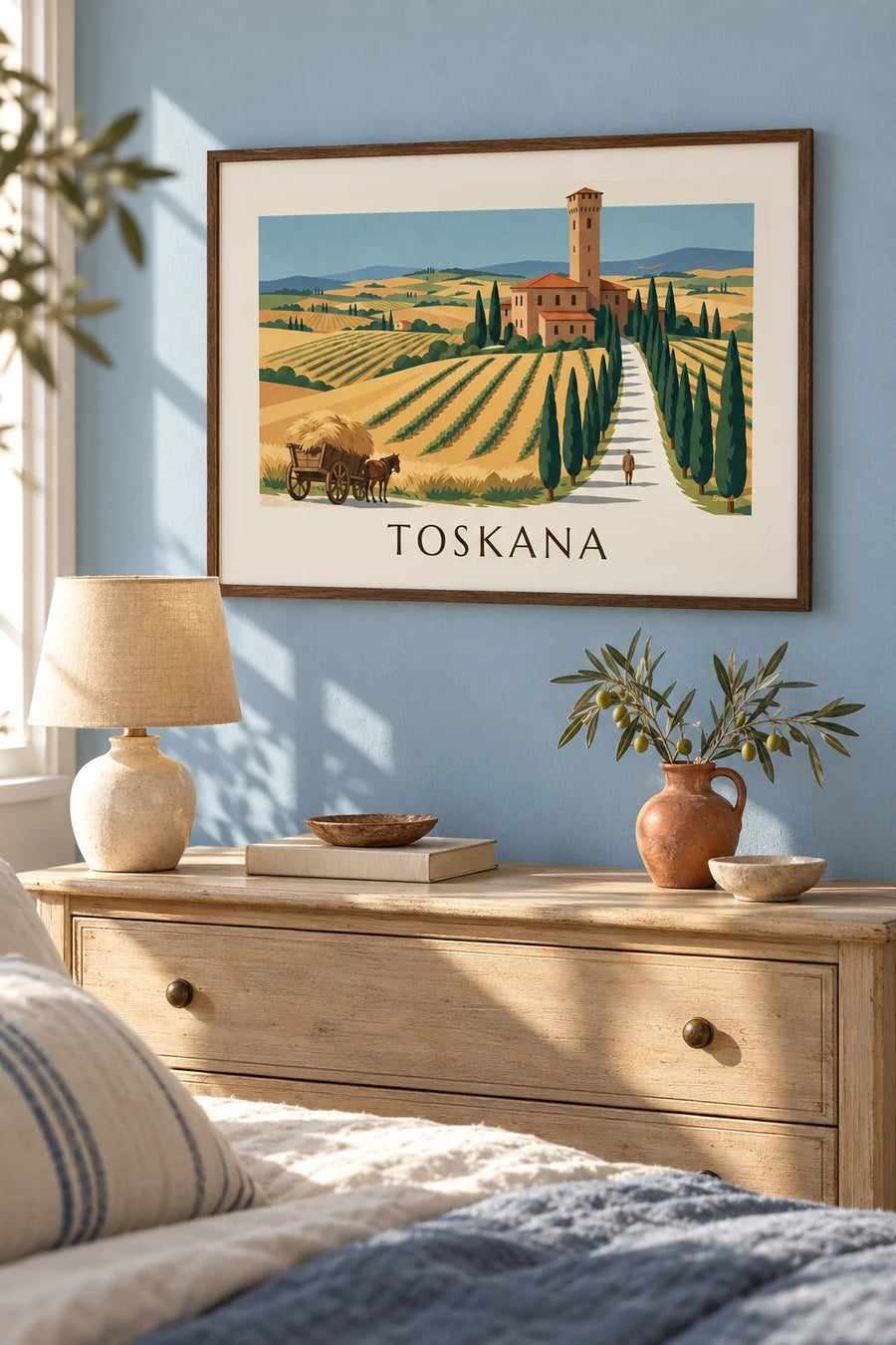 Poster toskanische Villa, Zypressenallee und Weizenhügel: gerahmt an der Wand