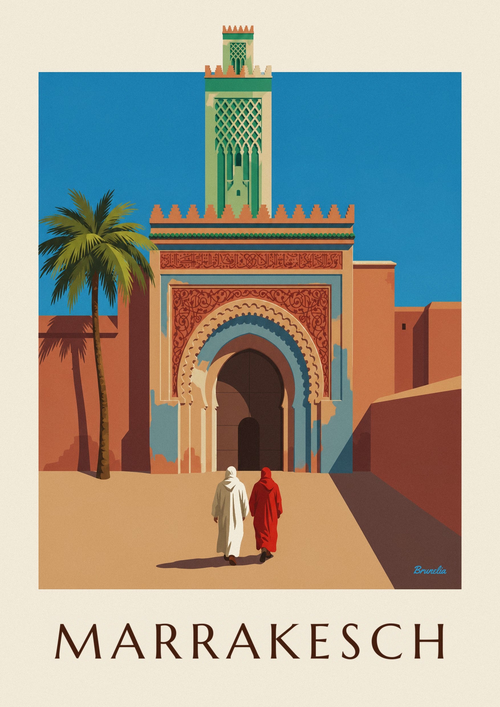 Poster Bab Agnaou und Minarett in Marrakesch: Detail in Nahaufnahme