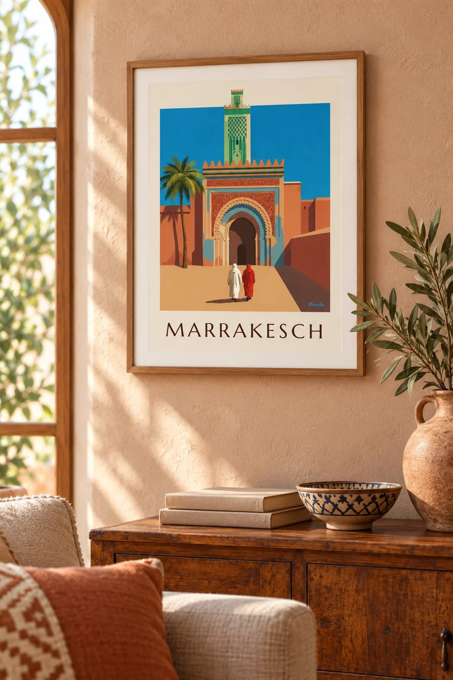 Poster Bab Agnaou und Minarett in Marrakesch: kleines A4-Format, gerahmt