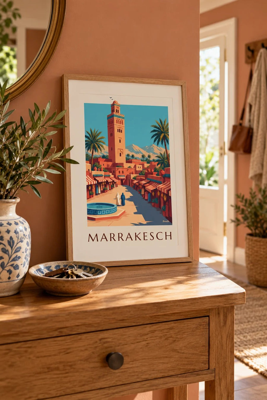 Poster Medina von Marrakesch und Minarett der Koutoubia: kleines Format A4 im Rahmen