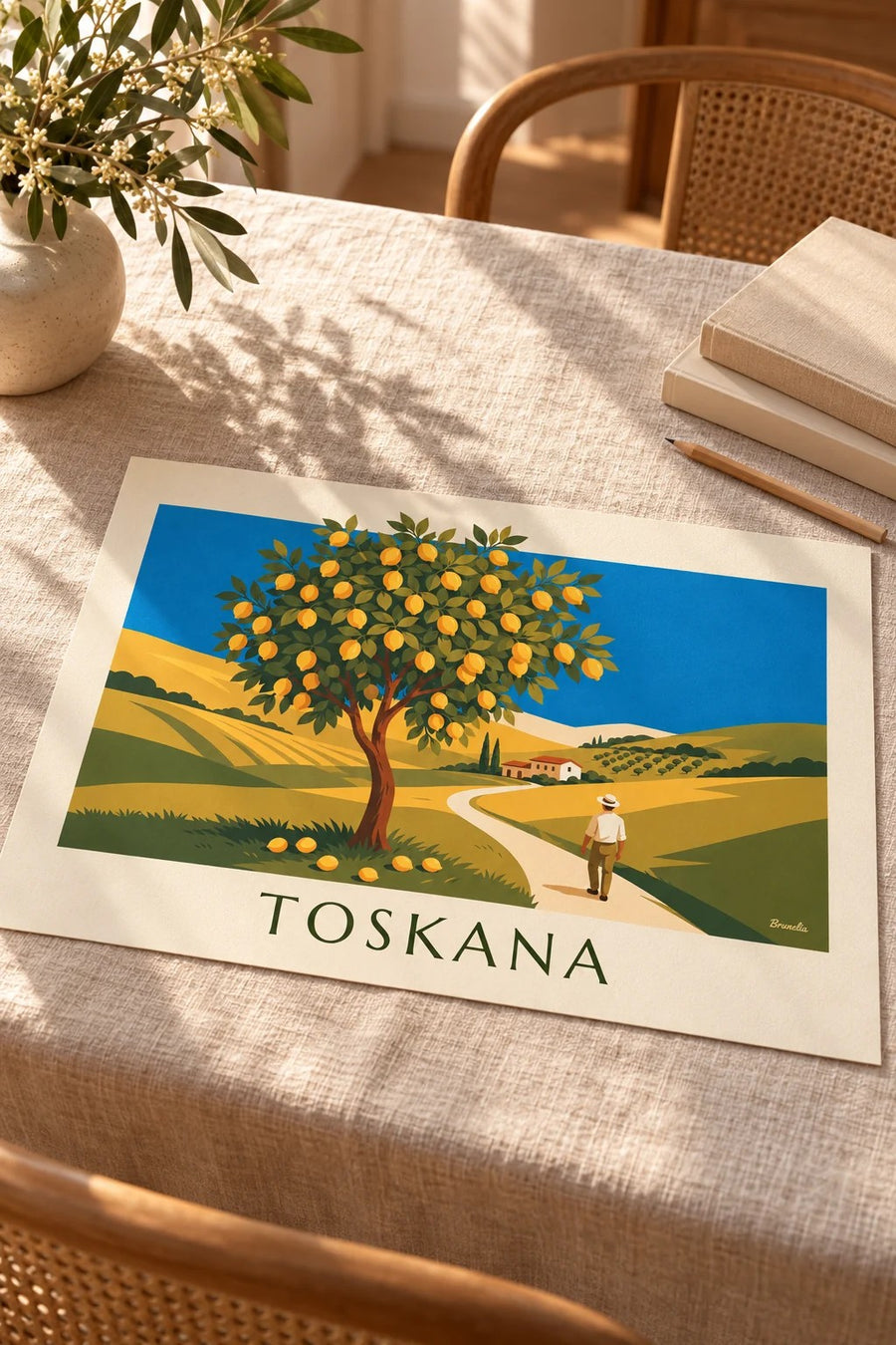 Poster Zitronenbaum in einem toskanischen Garten in der Sonne: auf einem Tisch