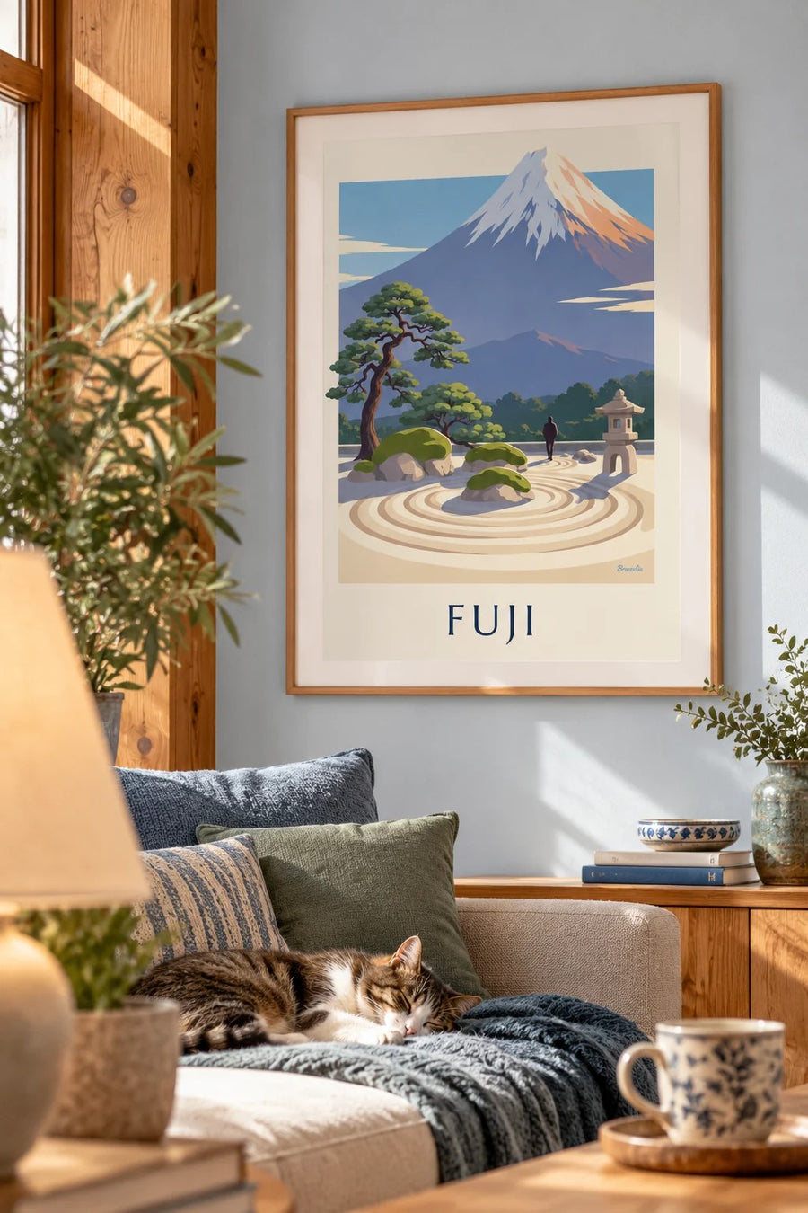 Poster japanischer Zen-Garten vor dem Fuji: gerahmt an der Wand