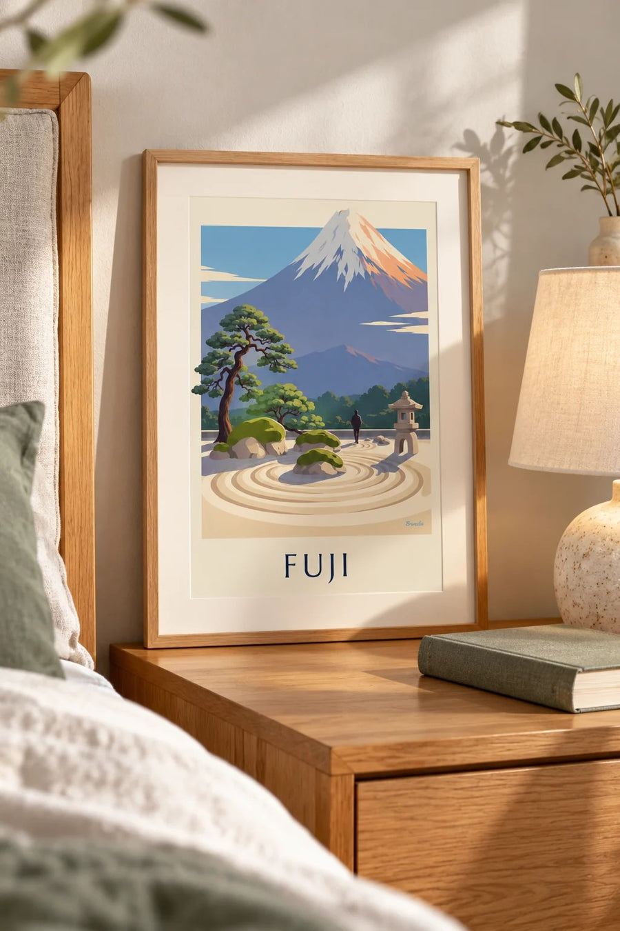 Poster japanischer Zen-Garten vor dem Fuji: kleines A4-Format, gerahmt