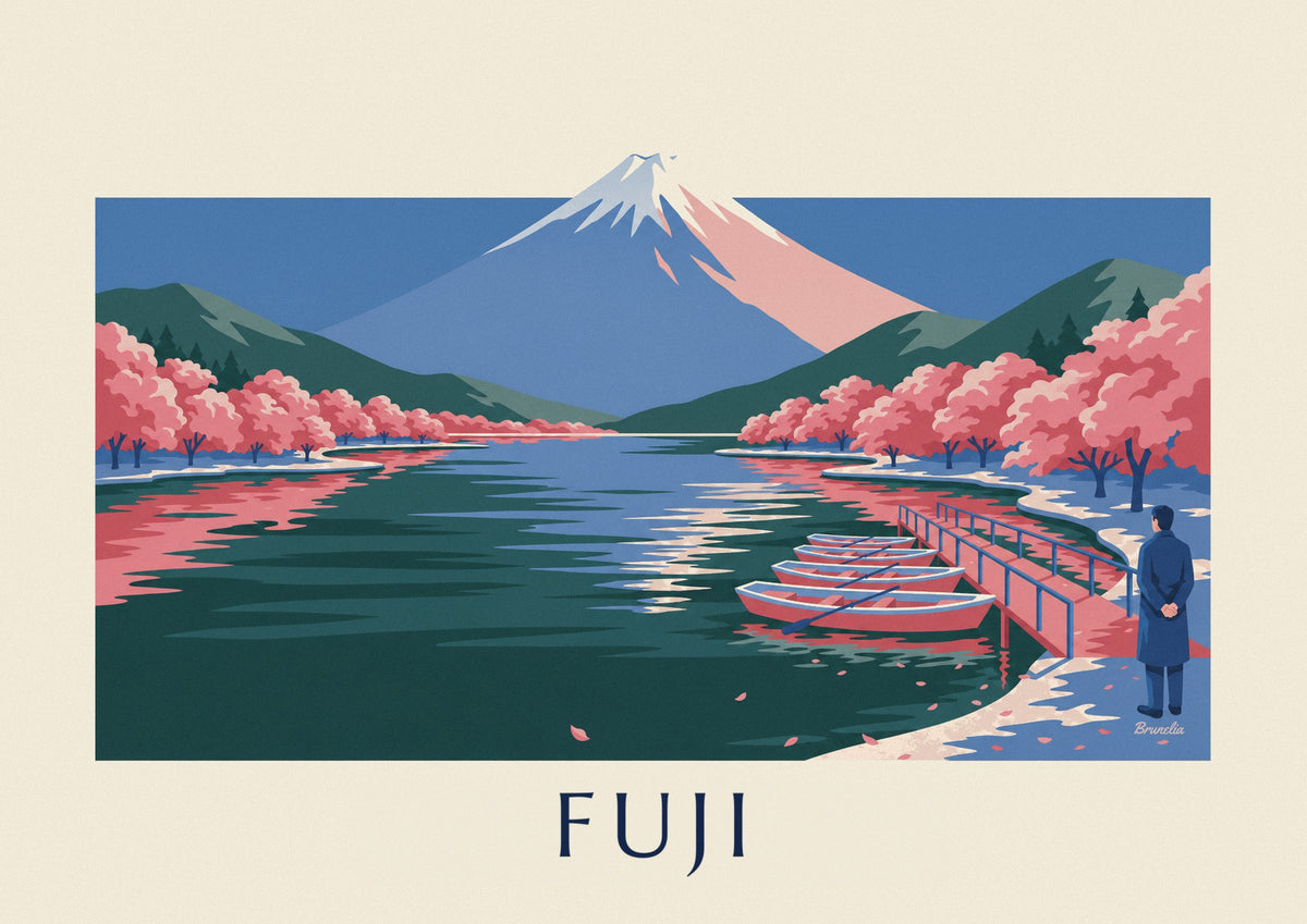 Poster Fuji, Kirschblüten und Boote am Steg