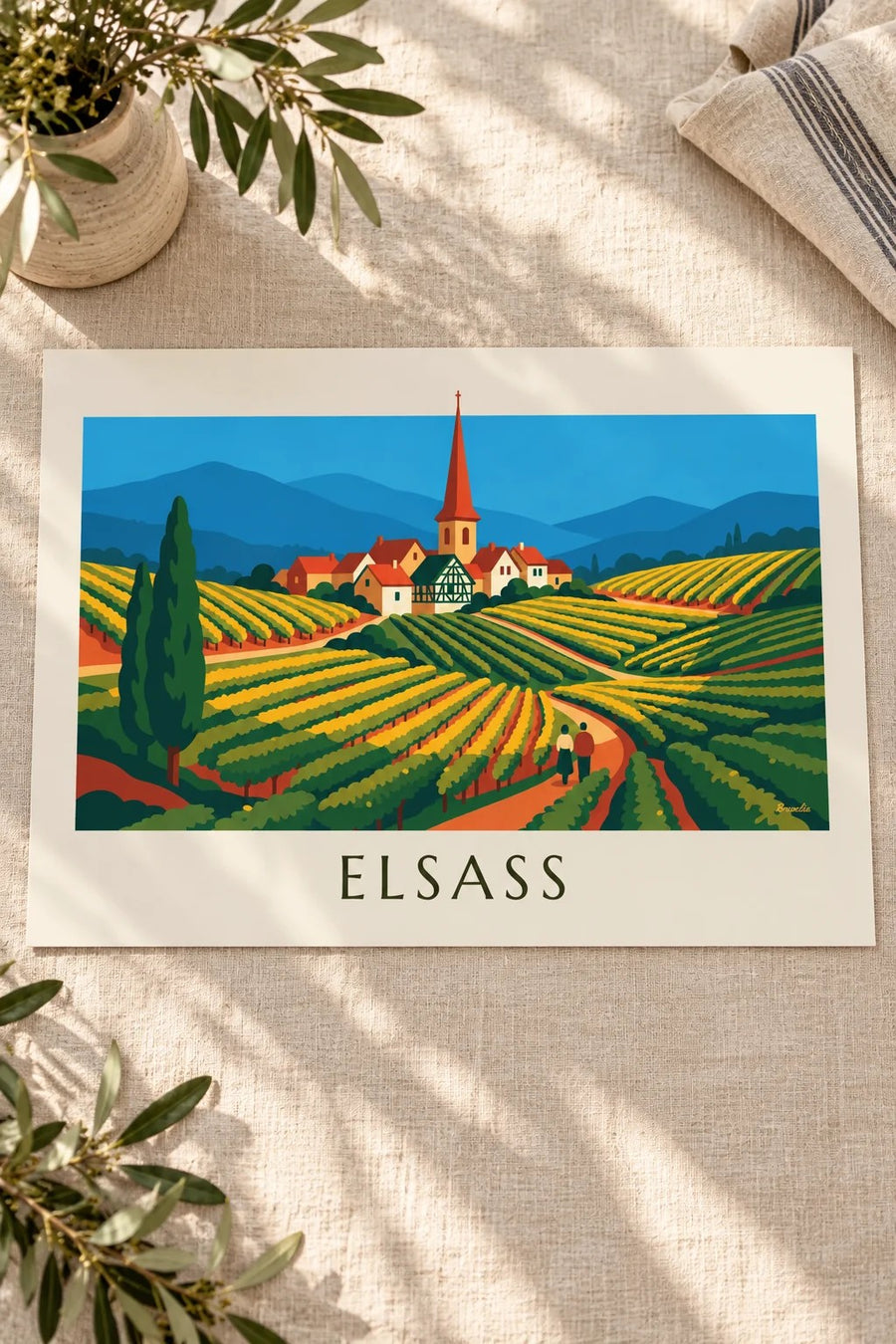 Poster Weinstraße und Weinberge in Terrassen im Elsass: auf einem Tisch