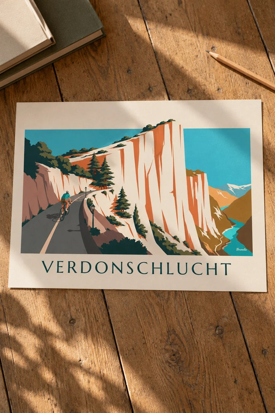 Poster Radfahrer auf der Straße durch die Verdonschlucht: flach auf einem Tisch