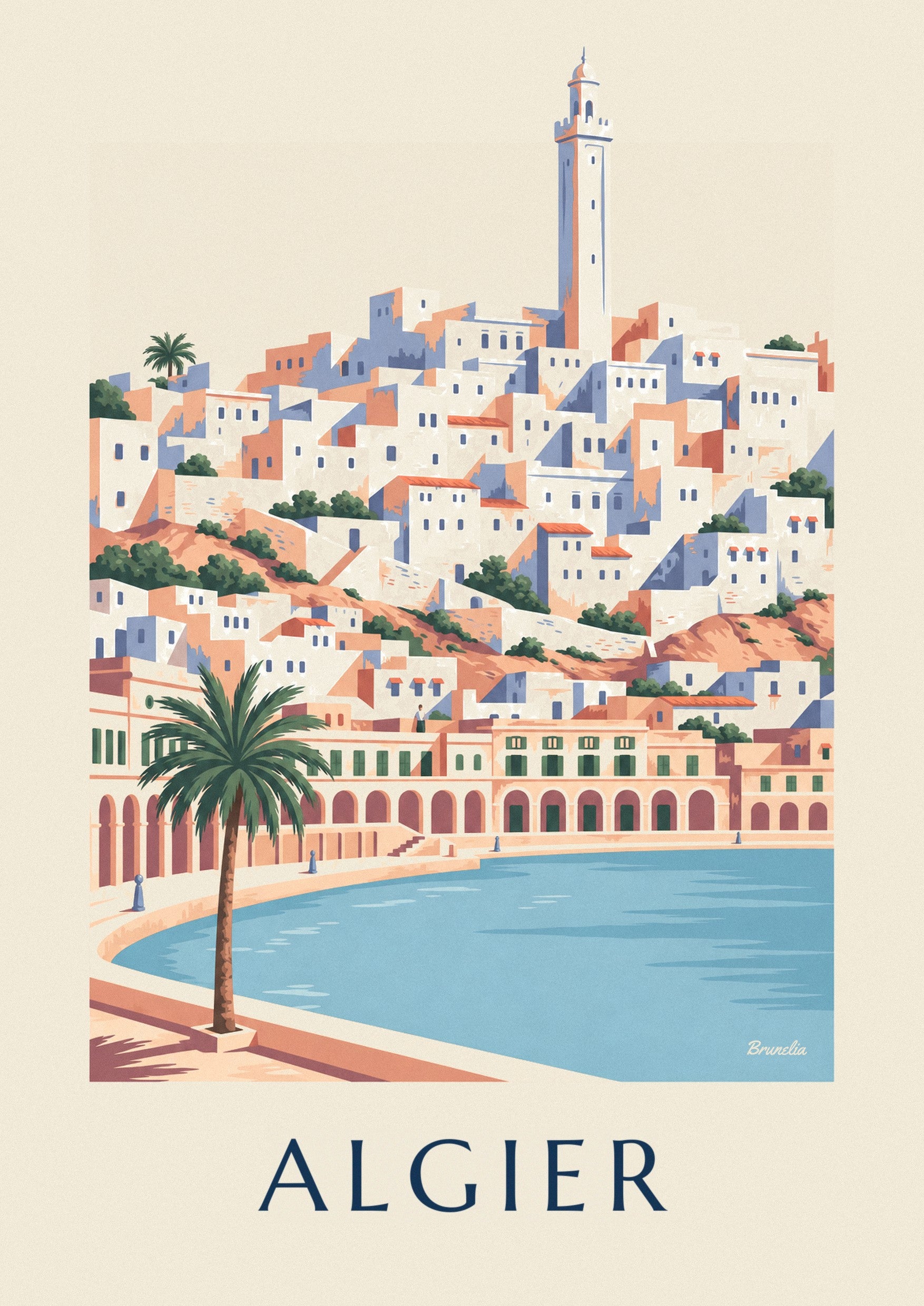 Poster weiße Kasbah von Algier und Uferfront mit Arkaden: Detail in Nahaufnahme