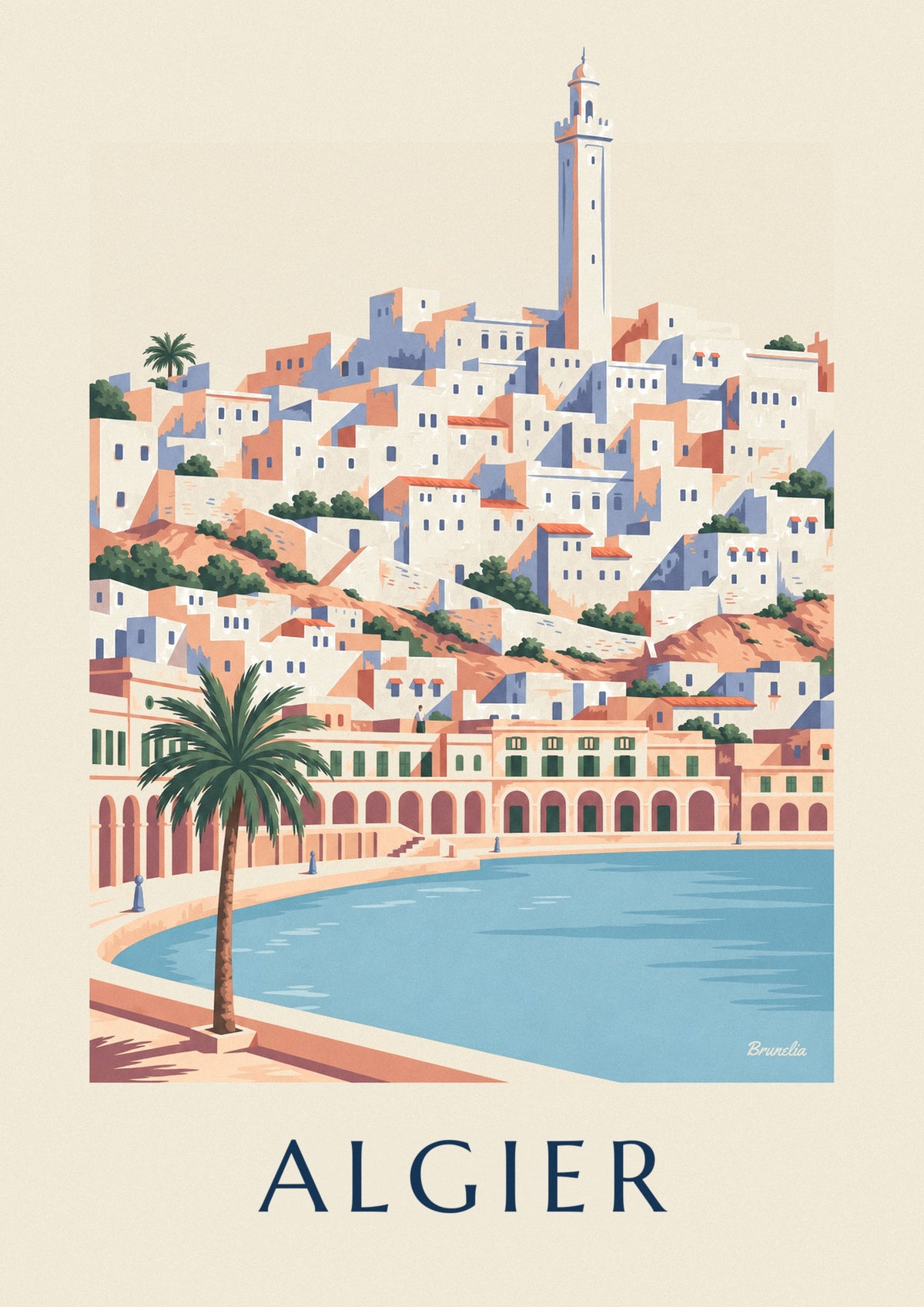 Poster weiße Kasbah von Algier und Uferfront mit Arkaden