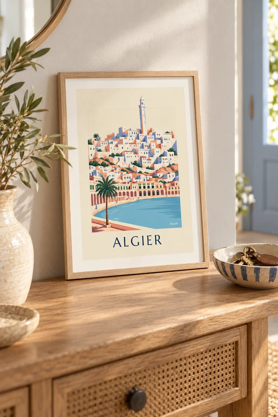 Poster weiße Kasbah von Algier und Uferfront mit Arkaden: kleines A4-Format, gerahmt