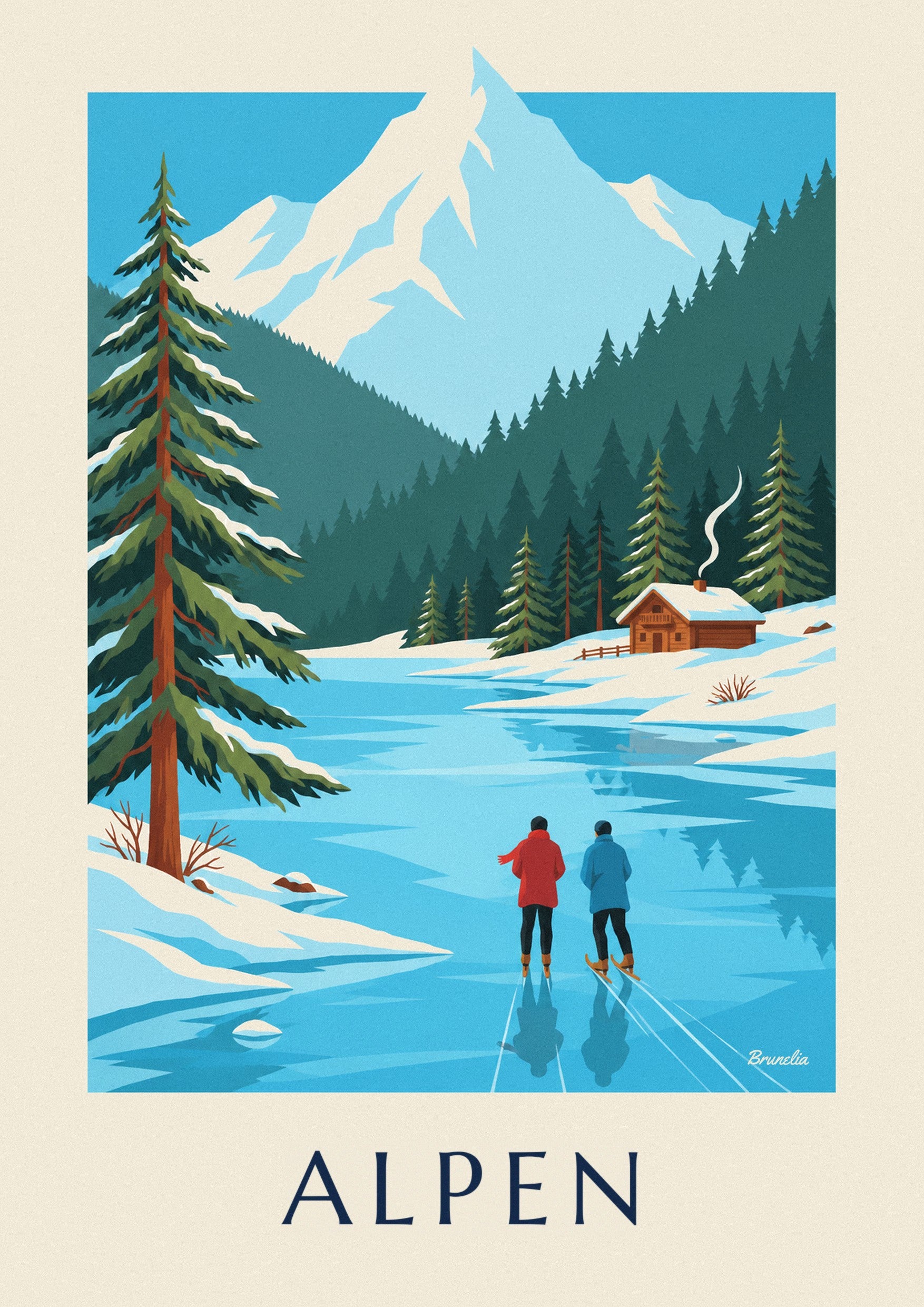 Poster Schlittschuhläufer auf einem zugefrorenen See vor verschneiten Alpen: Detail in Nahaufnahme