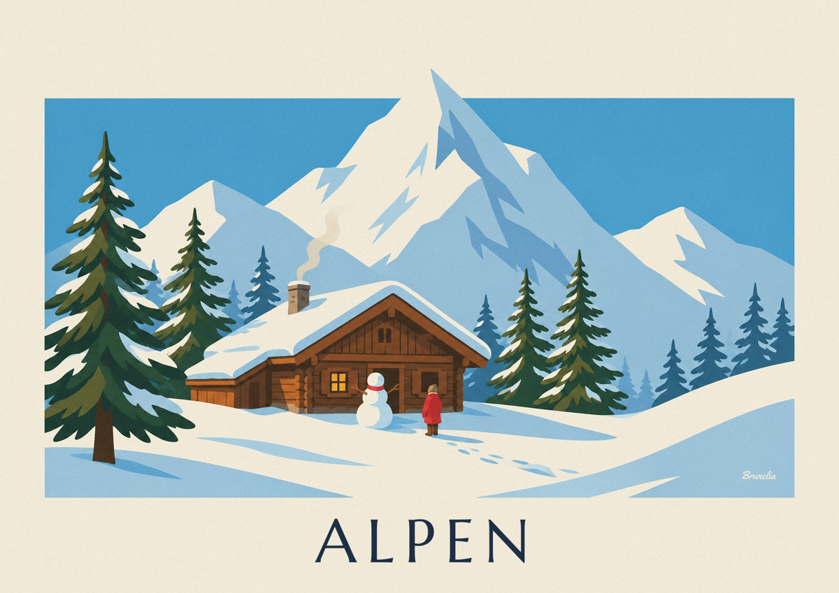 Poster verschneites Chalet und Schneemann in den Alpen