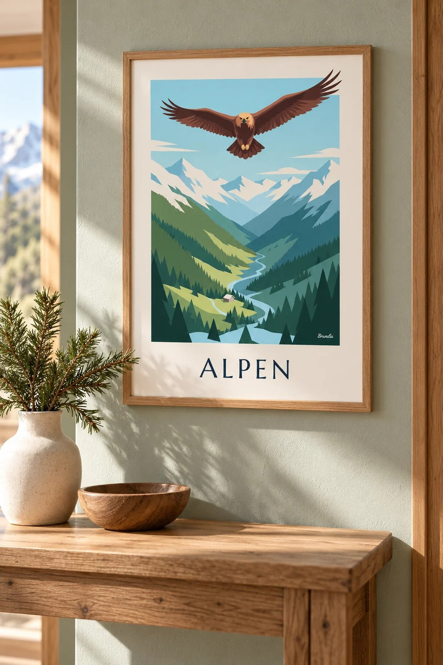 Poster Steinadler über einem Alpental: kleines A4-Format, gerahmt