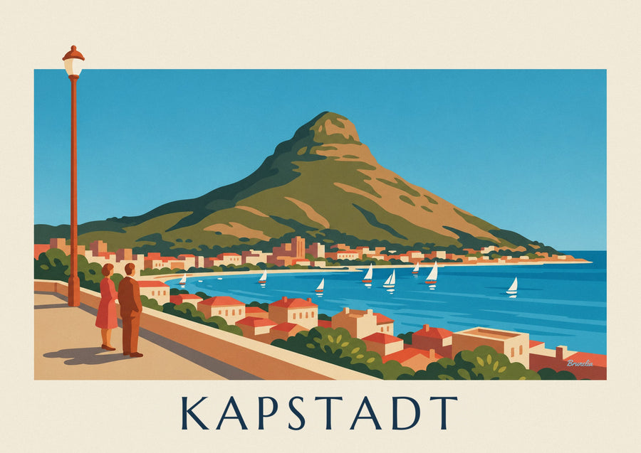 Poster Kapstadt, Lion's Head und Bucht mit Segelbooten von der Promenade