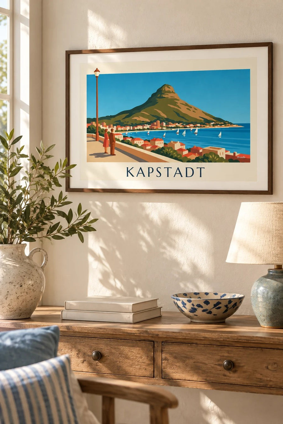 Poster Kapstadt, Lion's Head und Bucht mit Segelbooten von der Promenade: kleines A4-Format, gerahmt