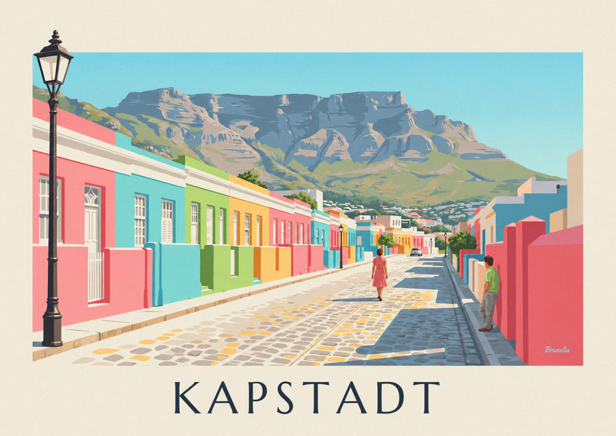 Poster bunte Häuser im Bo-Kaap in Kapstadt und Tafelberg