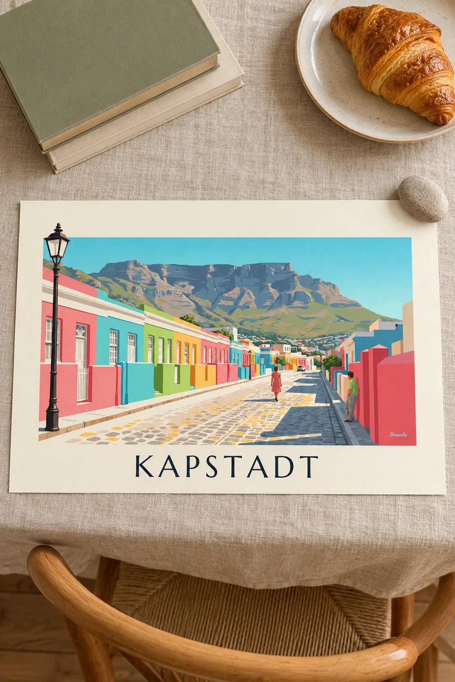 Poster bunte Häuser im Bo-Kaap in Kapstadt und Tafelberg: kleines gerahmtes A4-Format