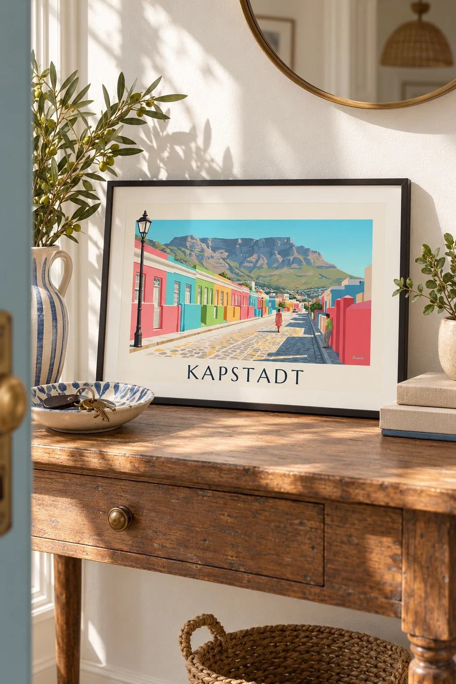Poster bunte Häuser im Bo-Kaap in Kapstadt und Tafelberg: kleines gerahmtes A4-Format