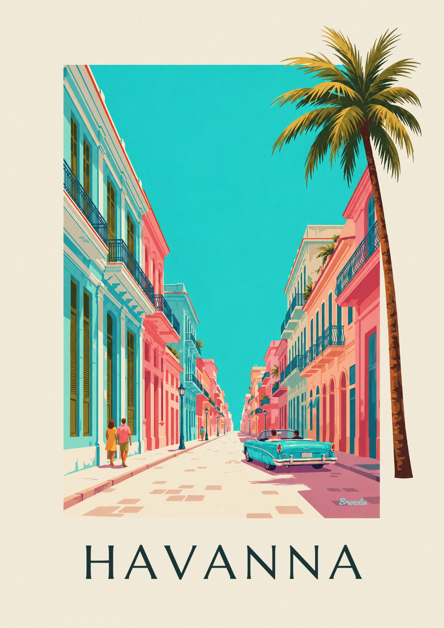Poster mit türkisfarbenem amerikanischem Cabrio in Havanna: Detail in Nahaufnahme