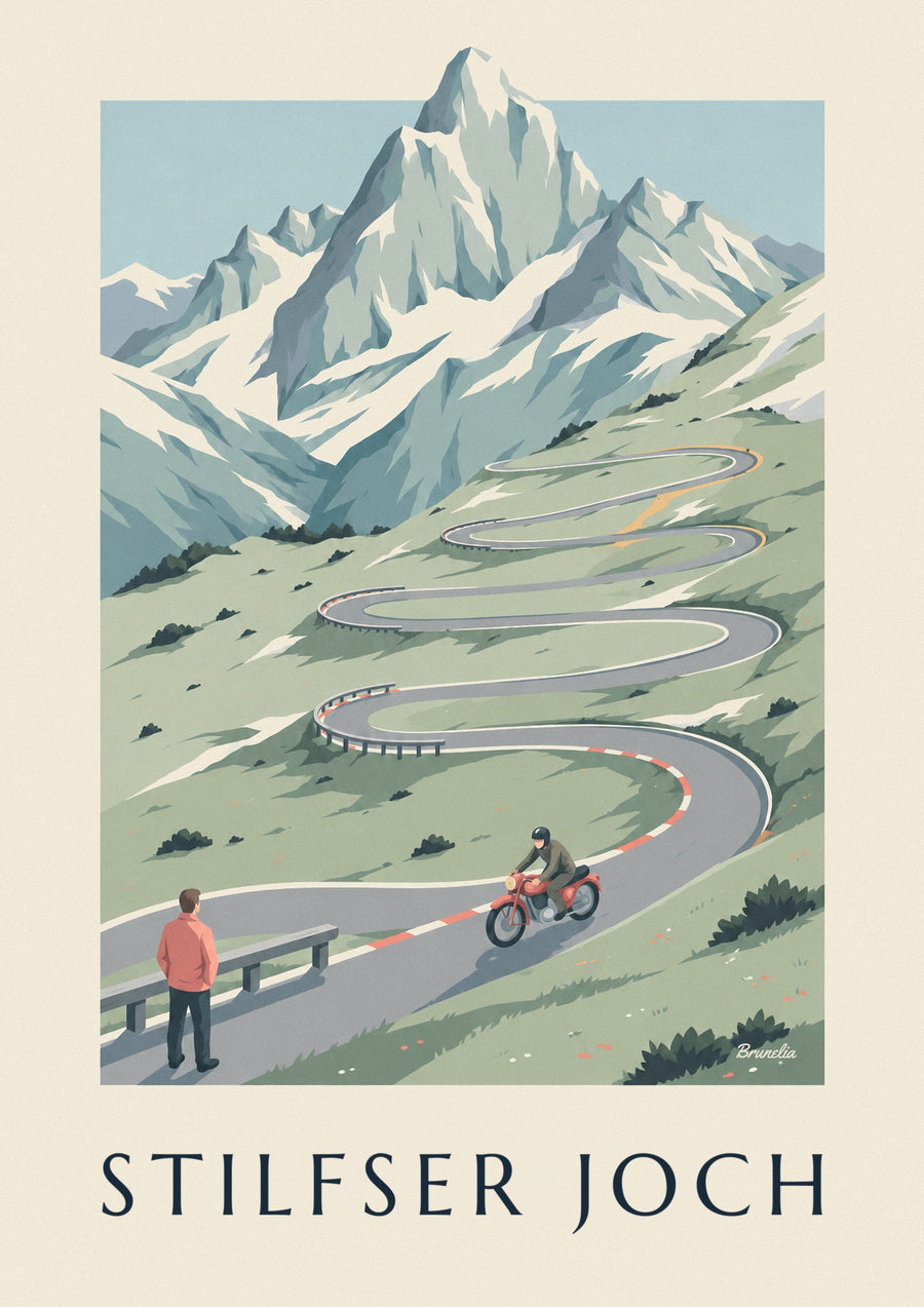 Poster Motorradfahrer in den Serpentinen des Stilfser Jochs in Italien