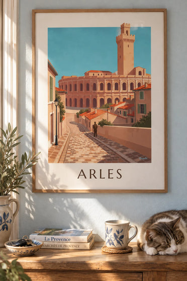 Poster of the Roman arena of Arles and the old town in Provence: framed on the wall