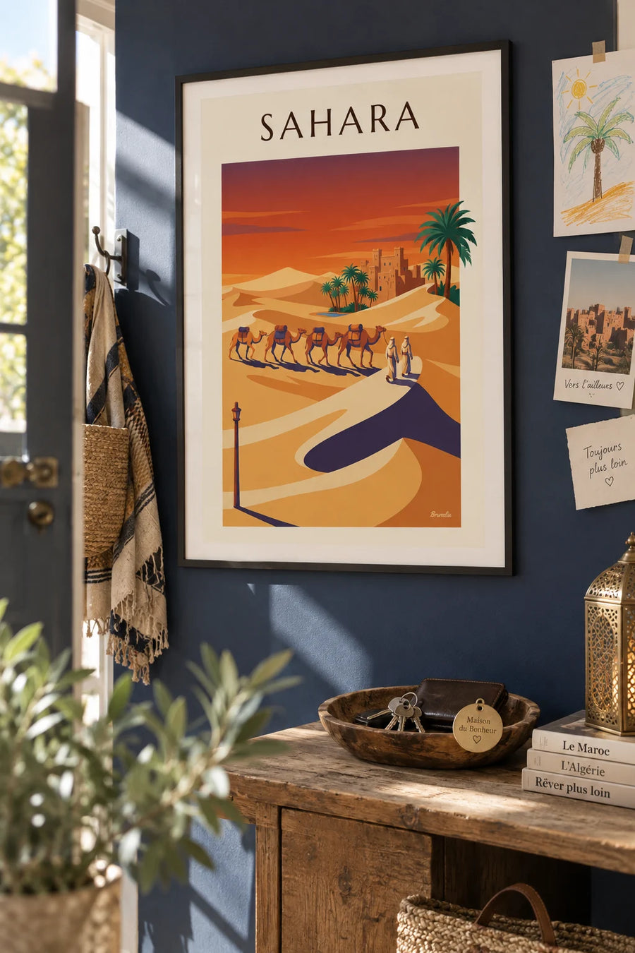 Affiche caravane de dromadaires dans le Sahara algérien : encadrée au mur