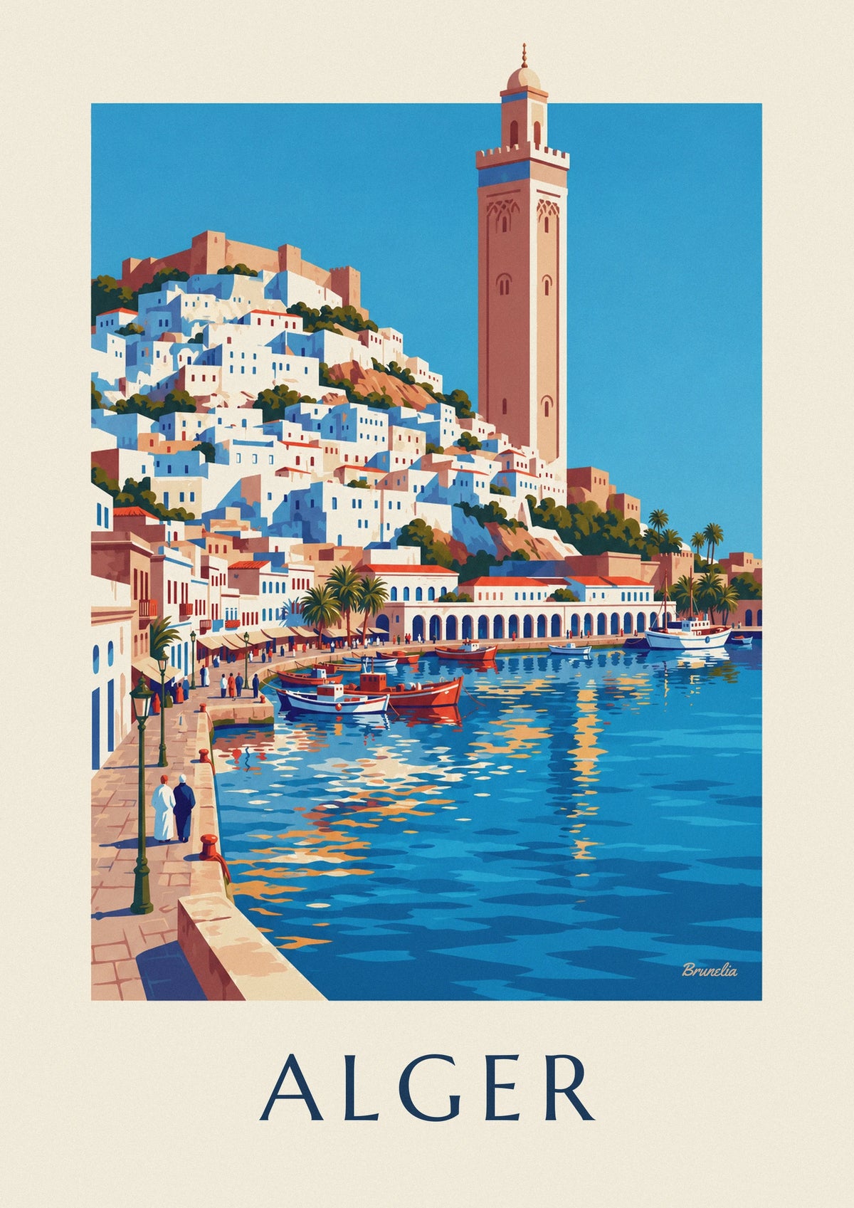 Whitewashed Algiers Casbah descending to the Mediterranean poster