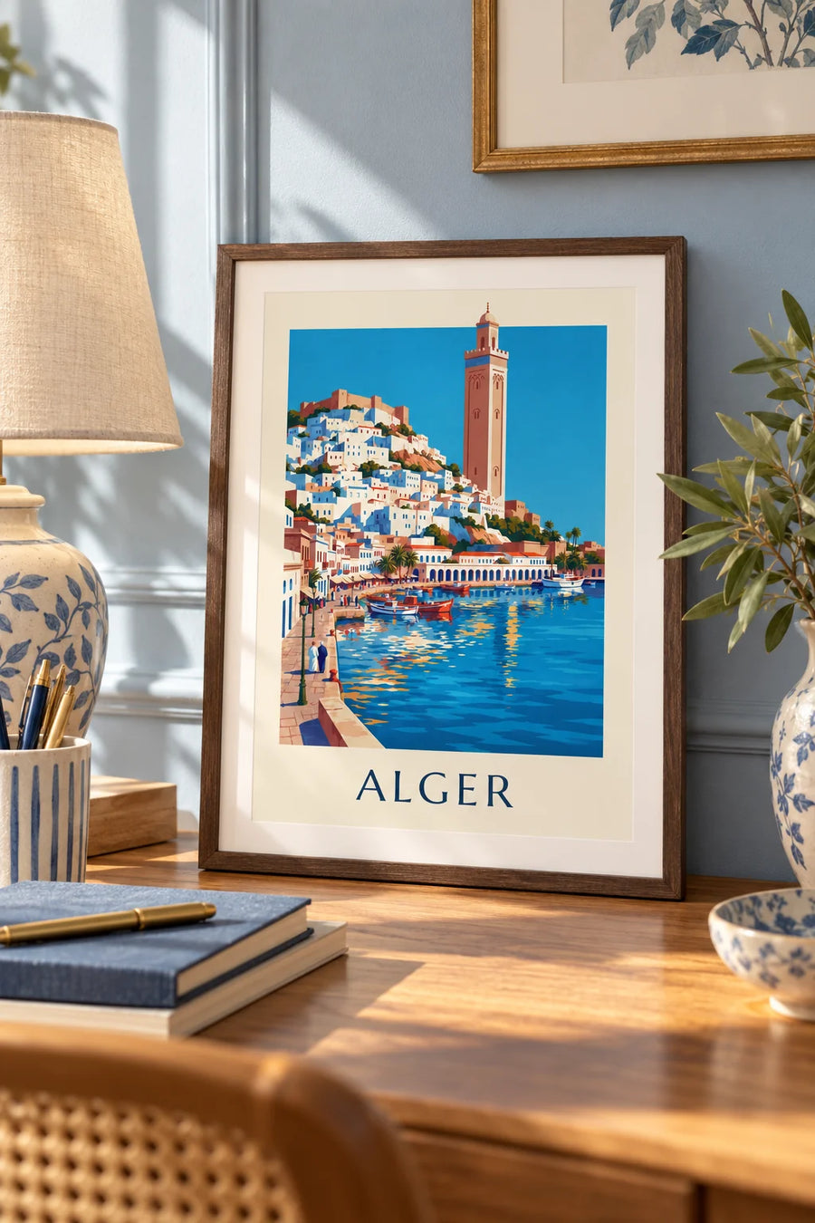 Poster weiße Kasbah von Algier, die zum Mittelmeer hinabführt: kleines Format A4 gerahmt