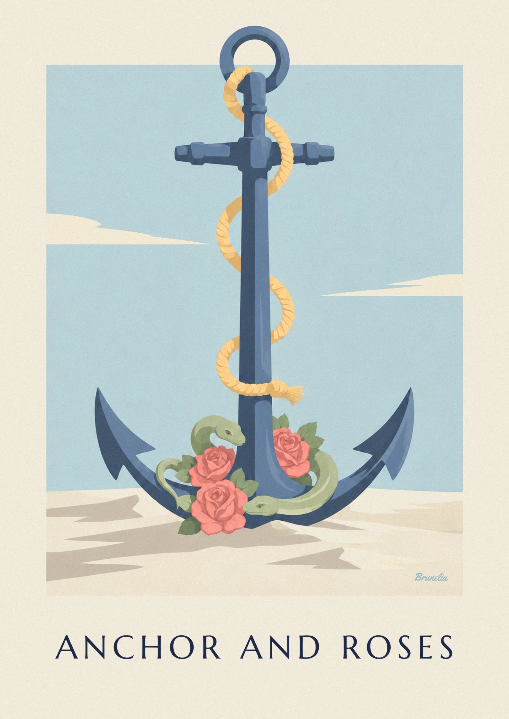 Les 3 roses rouges et les 2 serpents verts lovés au pied de l'ancre bleue, sur le sable