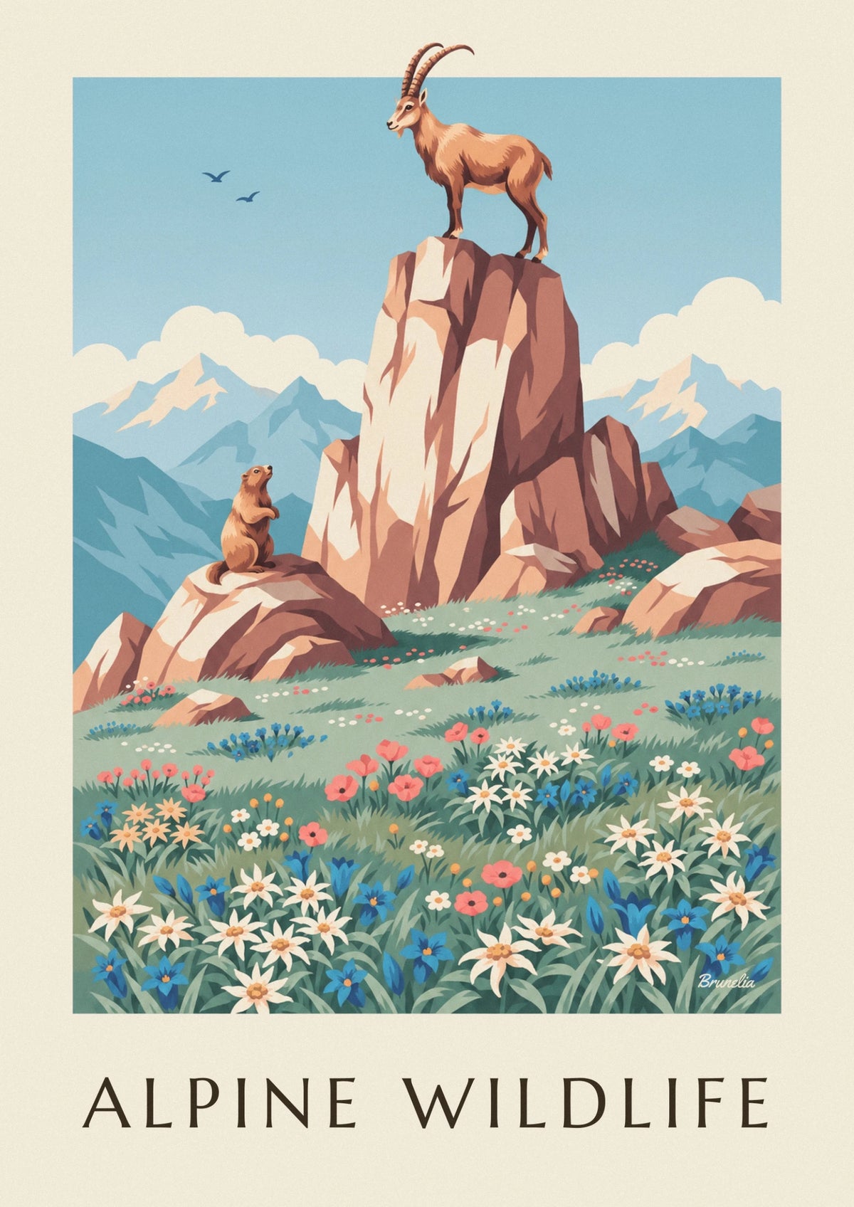 Affiche faune et flore des Alpes, bouquetin, marmotte et edelweiss