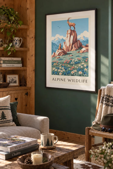 Poster Tier- und Pflanzenwelt der Alpen mit Steinbock, Murmeltier und Edelweiß: gerahmt an der Wand