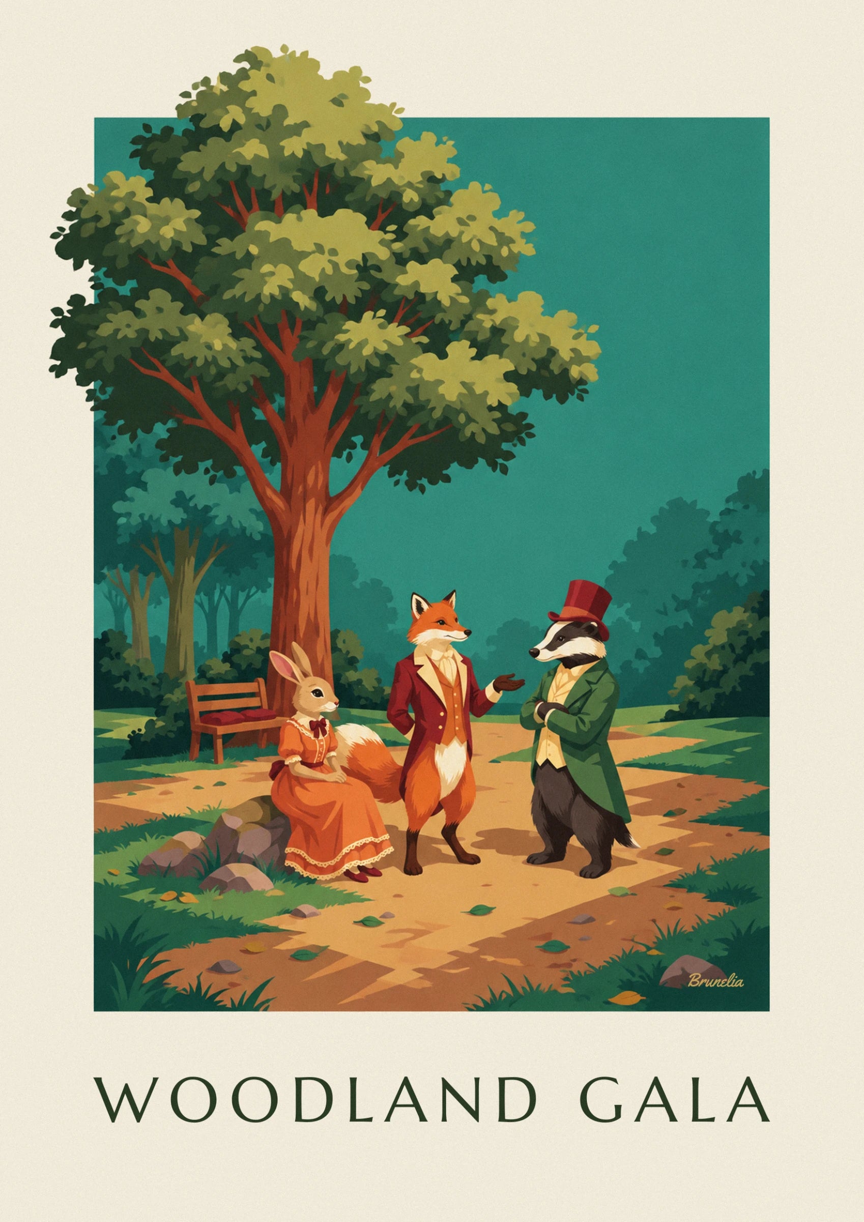 The fox in a burgundy frock coat facing the badger in a green suit and red top hat